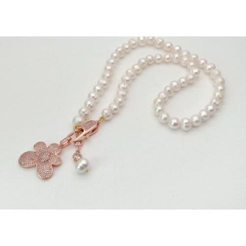 YYGEM 20" 10mm round White freshwater Pearl Necklace Rose gold color plated cubic zirconia micro Pave flower Pendant necklace