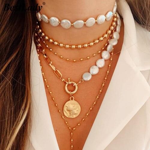 Best Lady 2021 Vinatge Layer Link Necklaces for Women Gold Color Simulated Pearls Collar Choker Necklaces Jewelry Party Gifts