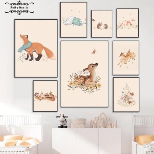 Minimalist Cartoon Cute Animal Orange Healing Illustration Posters and Prints Children Anime Canvas Painting for Kids Room Decor