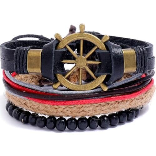 Hippie Fashion Rudder Rope Leather Beads Bracelet Set Multilayer Charm Bangle Wrap Wristband Rock Punk Vintage Women Men Jewelry
