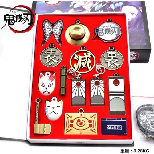 Demon Slayers Blade Peripheral Nidou Mask Kumamon Tanjiro Earrings Weapon Model Metal Keychain Set