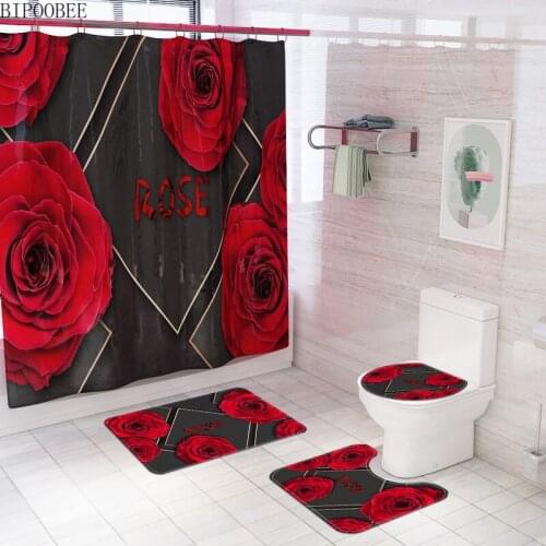 Red Rose Flower Pattern Shower Curtain Set Toilet Cover Rug Carpets Non-slip Washroom Bath Mat Home Decor Bathroom Curtains