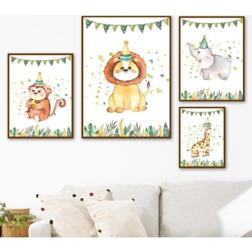 Elephant Zebra Giraffe Lion Monkey Tiger Baby Wall Art Canvas Painting Nordic Posters And Prints Wall Pictures Kids Room Decor
