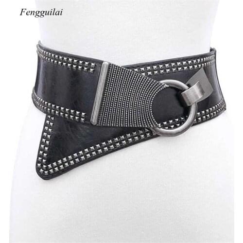 New Black Leather Cummerbunds Female Woman Belt Studded Wide Womens Punk Rivet Stretchy Dress Waistbands Lady