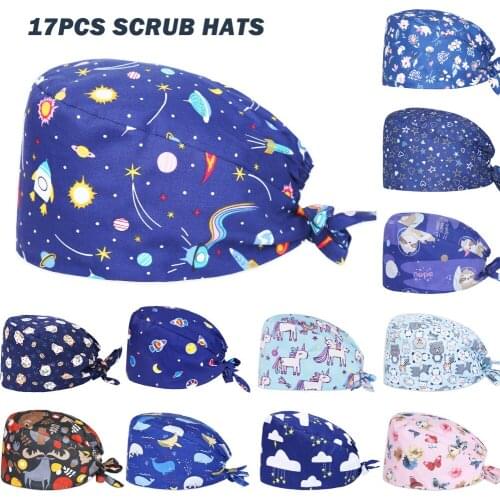 Wholesale Scrubs Caps 100% Cotton Anime Print Adjustable Nursing Hats Beauty Salon Pet Shop Working Accessories Scrub Cap Women
