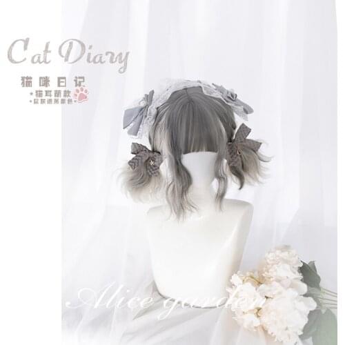 High Quality Harajuku lolita wig "Cat Diary" cat ear silver gradient long curly hair wig