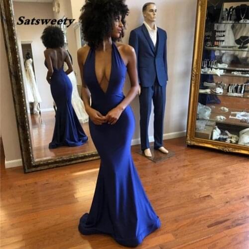 Deep V-neck Mermaid Prom Dresses 2021 Sexy Backless Dress Evening Wear Formal Gowns Royal Blue Special Occasion Dresses