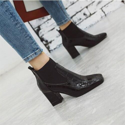 PXELENA Stone Grain Chelsea Boots Women Square Toe Chunky Block High Heels Lady Shoes Fashion Office Black White Red Plus Size