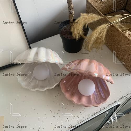 Korean Style Ceramic Shell Pearl Night Light Dream Mermaid Bedroom Bedside Lamp Storage Light Home Decoration Christmas Gift