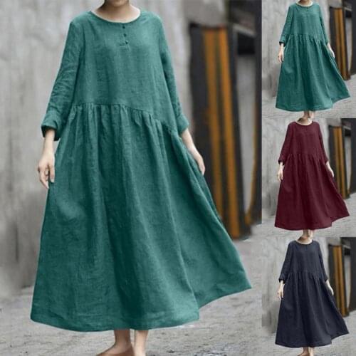 Vintage Women Sundress Long Sleeve Baggy Dress Large Hem O-Neck Buttons Decor Loose Fit Women Oversized Dress Vestidos Streetwea