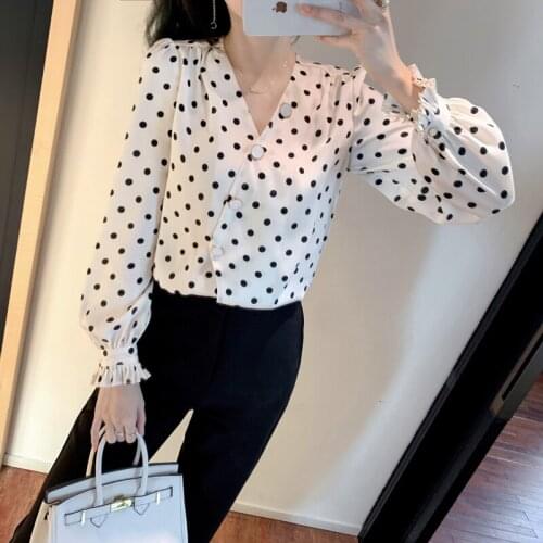 Ladies Polka Dot Print Blouse Shirt 2021Spring summer Long Sleeve V-Neck Shirts Tops Elegant Office Women Button