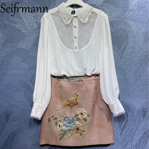 Seifrmann New 2021 Summer Women Fashion Designer Skirts Set Lantern Sleeve Loose Tees + High Waist Beading Short Skirts Suits
