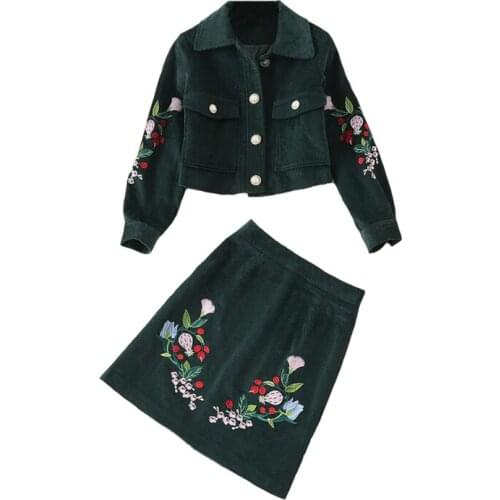 Autumn High Quality 2 Piece Set Womens Elegant Long Sleeve Corduroy Short Jacket Coat+High Waist Flower Embroidery Skirts Suits