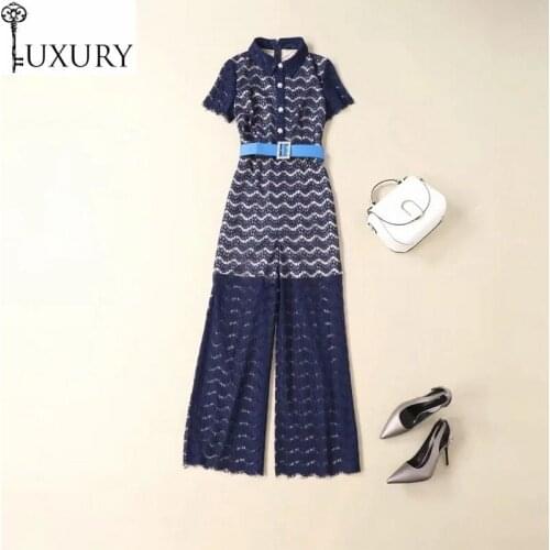 Quality Jumpsuit 2020 High Summer Party Event Women Turn-down Collar Allover Crochet Lace Beading Button Long Jumpsuits