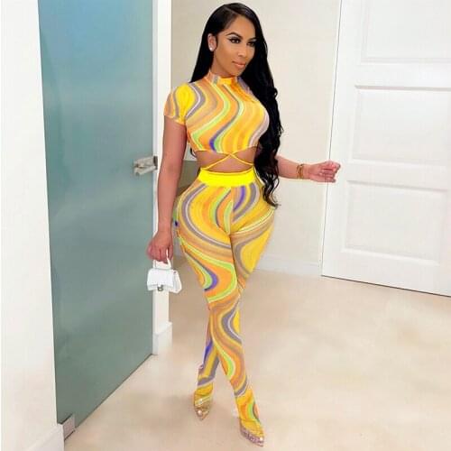 Mesh Sheer Print Summer Two Piece Women Clothing Short Sleeve Bandage Crop Top Fitness Pantyhose Sexy Club Matching Sets