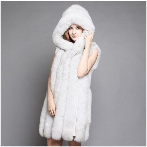 Full pelt Natural fox fur vest with hat fox fur coat womens luxury very long fox fur jacket plus size free shipping H840