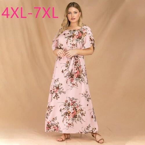 New summer plus size long dress for women large short sleeve loose casual pink floral print flower belt dress 4XL 5XL 6XL 7XL