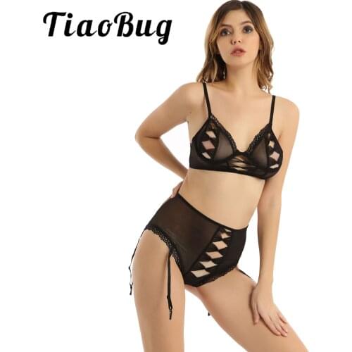 Womens Lingerie Suit Hollow Out Bowknot Lace Trimming See-through Mesh Underwear Underwire Unlined Bra Tops with Garters Briefs