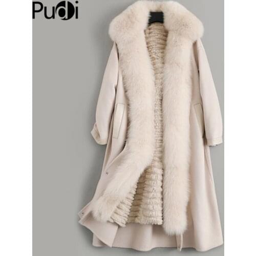 Pudi Women Wool Blends Real Fur Coat Jacket Rex Rabbit Fur Liner Fox Fur Collar Winter Warm Female Overcoat Trench Parka ZY19127