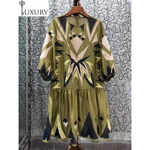 Fashionable 100%Silk 2020 Summer Women O-Neck Geometric Patterns Embroidery Half Sleeve Straight Army Green Dress Gorgeous