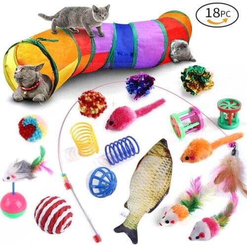 18 Pcs Cat Toy Interactive Kit Collapsible Tunnel Indoor Kitten Teaser Wand Mice & Ball Pet Teeth Clean Fun Channel Catnip Fish