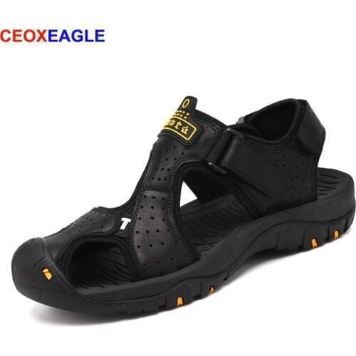2019 New Adults Close Toe Genuine Leather Mens Sandals Breathable Soft Summer Outdoor Shoes Roman Beach Sandals Sizes 38-44