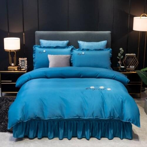 4Pcs Washed silk Solid embroidery Luxury bedding sets queen king size duvet cover set bed skirt set pillowcase bedclothes