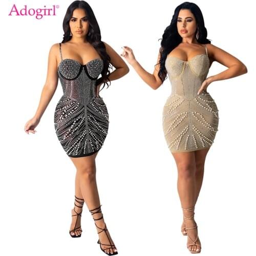 Adogirl Pearls Diamonds Bodycon Nightclub Party Mini Dress for Women Fashion Sexy Strapless Spaghetti Straps Banquet Outfits