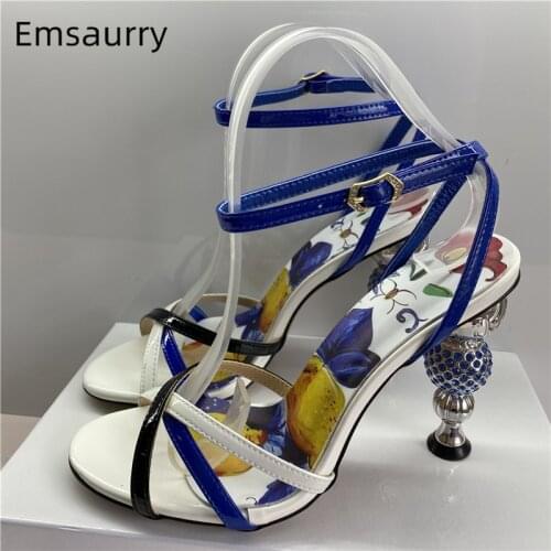 Beading Ball Crystal Heel Party Sandals Women Ankle Strap Narrow Band Print Flower Strange High Heel Summer Shoes