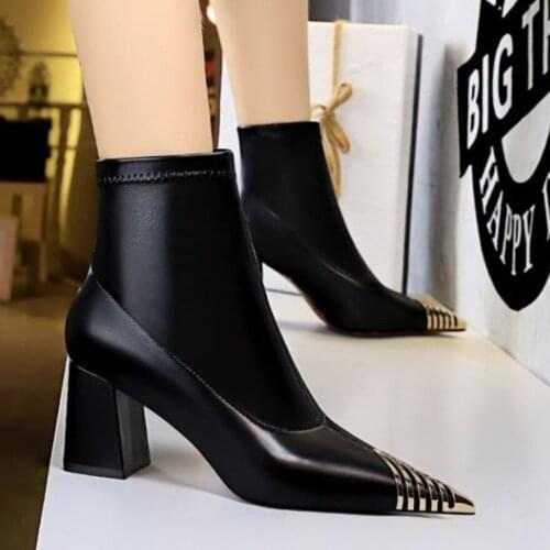 Size 40 Women Chunky Heel Ankle Boots Fashion Metal Pointed Toe Black Short Boots Party Woman Soft Leather High Heels Warm Shoes
