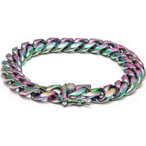 Hip-hop Bracelet Hand Polished 12mm Mens Stainless Steel Encryption Six-Sided Grinding Quenching Colorful Cuban Bracelet
