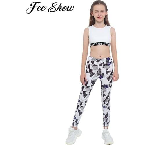 Kid Girls Gym Running Workout Sport Suit Round Neck Sleeveless Letters Print Hem Tank Top Print Pants Trousers Fitness Sport Set