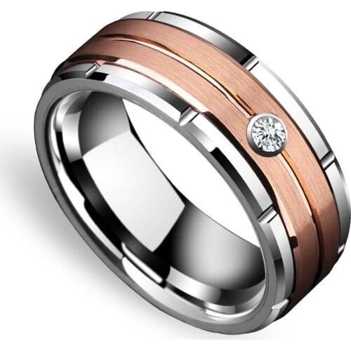 Hot Selling 8mm Tungsten Wedding Band Rings for Couples Rose-Gold Plating Brushed Finishing with White Cubic Zirconia Stone 6-13