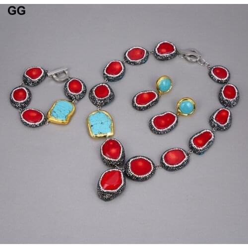 GuaiGuai Jewelry Red Coral Trimmed Paved CZ Marcasite Blue Turquoises Gold Color Plated Nugget Necklace Bracelet Earrings Sets