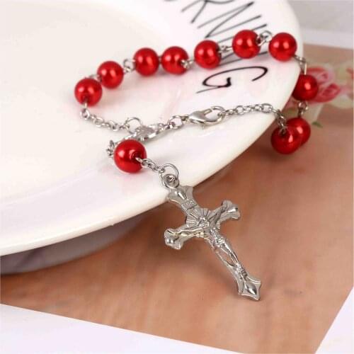 12 Wholesale Catholic Bracelet Crystal Pearl Pink Rosary Imitation Baby Communion Baby Baptism Mini Catholic Rosary