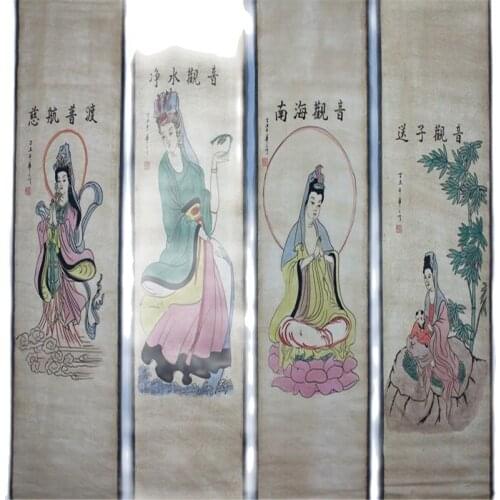 China Old Scroll Painting Four Screen Paintings Middle Hall Hanging Painting Four Guanyin