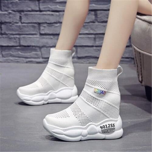New Spring Breathable Women Socks Shoes Summer Comfortable Sneakers 10CM Wedge Heels Autumn Ankle Boots Platform White Mesh Shoe
