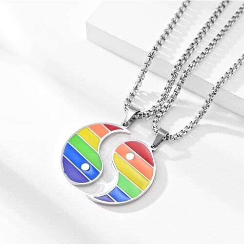 Fashion Yi Yang Tai Chi Gossip Pendant Rainbow Flag LGBT Necklaces for Men Boy Stainless Steel Gay Love Jewelry