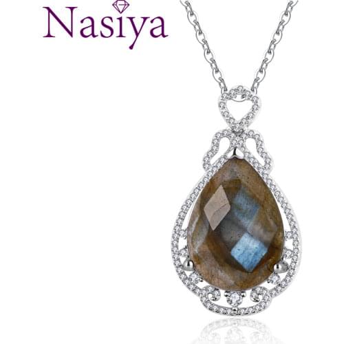 Silver Pendant Necklace Large Pear Shape 13 * 18MM Natural Labradorite Multi-Color Zircon Pendant Necklace Gift Gemstone Charm