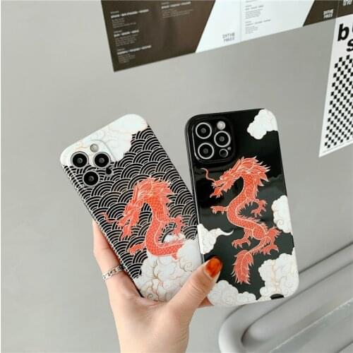 Fashion Red Chinese Dragon Pattern Case For iPhone 11 12 Pro Max X XR XS 7 8 Plus SE 2020 Soft Silicone Shockproof Cover