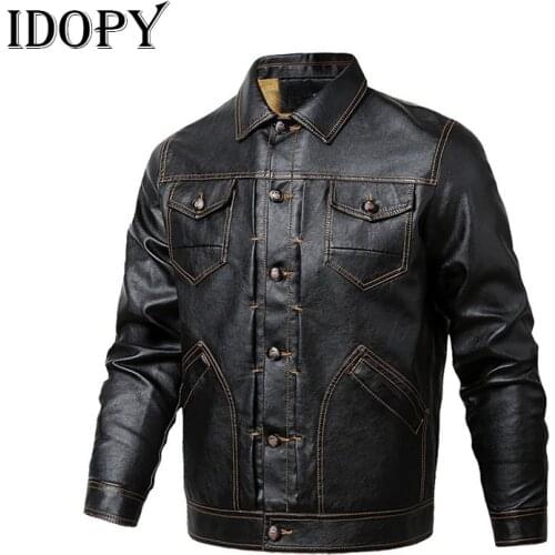 Idopy Autumn Winter Mens Faux Leather Jackets Coats Men Outerwear PU Leather Button Down Casual Size Plus Leather Coat