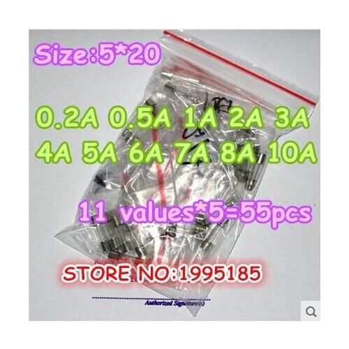 55pcs/set 11Values Fast Quick Blow Glass Tube Fuses Assortment Kit 5x20mm 0.2A 0.5A 1A 2A 3A 4A 5A 6A 7A 8A 10A/250V