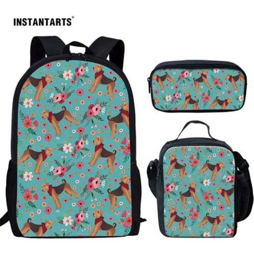 INSTANTARTS Cute Airedale Terrier Flower Print School Bags Set for Girls 3pcs Primary Schoolbag Children School Backpack Mochila