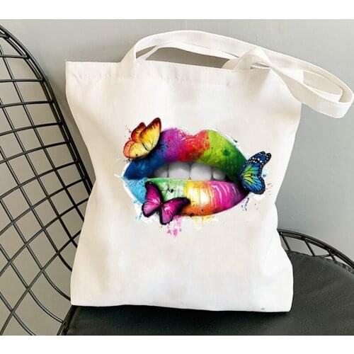 Rainbow Lip and Butterfly Print Harajuku Shopping Bag White Large Capacity Canvas Shoulder Bag 34*38