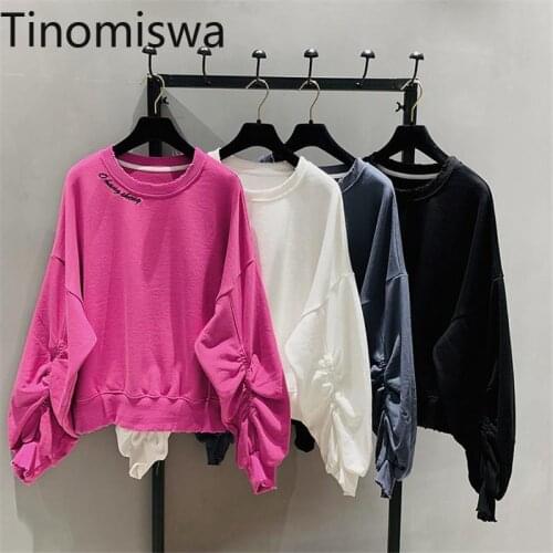 Tinomiswa Ruched Long Sleeve O Neck Sweatshirt Women Korean Style Loose Letter Embroidery Casual Hoodies High Street Tops Coats