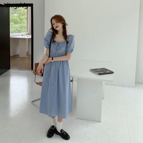 Square Collar Dresses Women Lace-up Puff Sleeve Blue Korean Style Gentle Sweet High Waist Girlish All-match Cozy Students Mujer