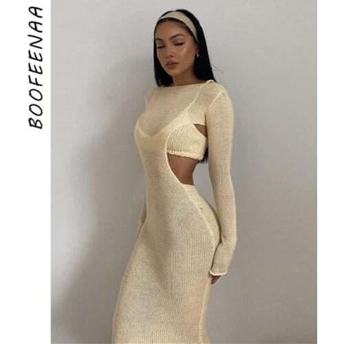 BOOFEENAA Sexy Knitted Sweater Two Piece Dress Sets Elegant Hollow Out Long Sleeve Bodycon Maxi Dresses for Women 2021 C83-CE21