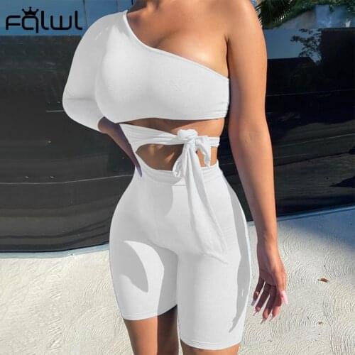 FQLWL One Shoulder Crop Top Sexy 2 Two Piece Set Women Outfits Summer Solid Bodycon 2 Piece Biker Shorts Set Women Matching Sets