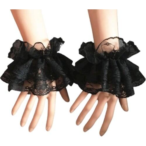 Women Lolita Hand Sleeve Wrist Cuffs Ruffled Lace Bowknot Maid Cosplay Bracelet Y3NE