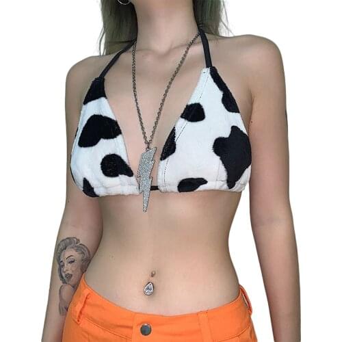 Women Summer Sexy Sleeveless Vest, Black White Cow Print Off Shoulder Backless Camisole, Lady Party Beach Halter Bra